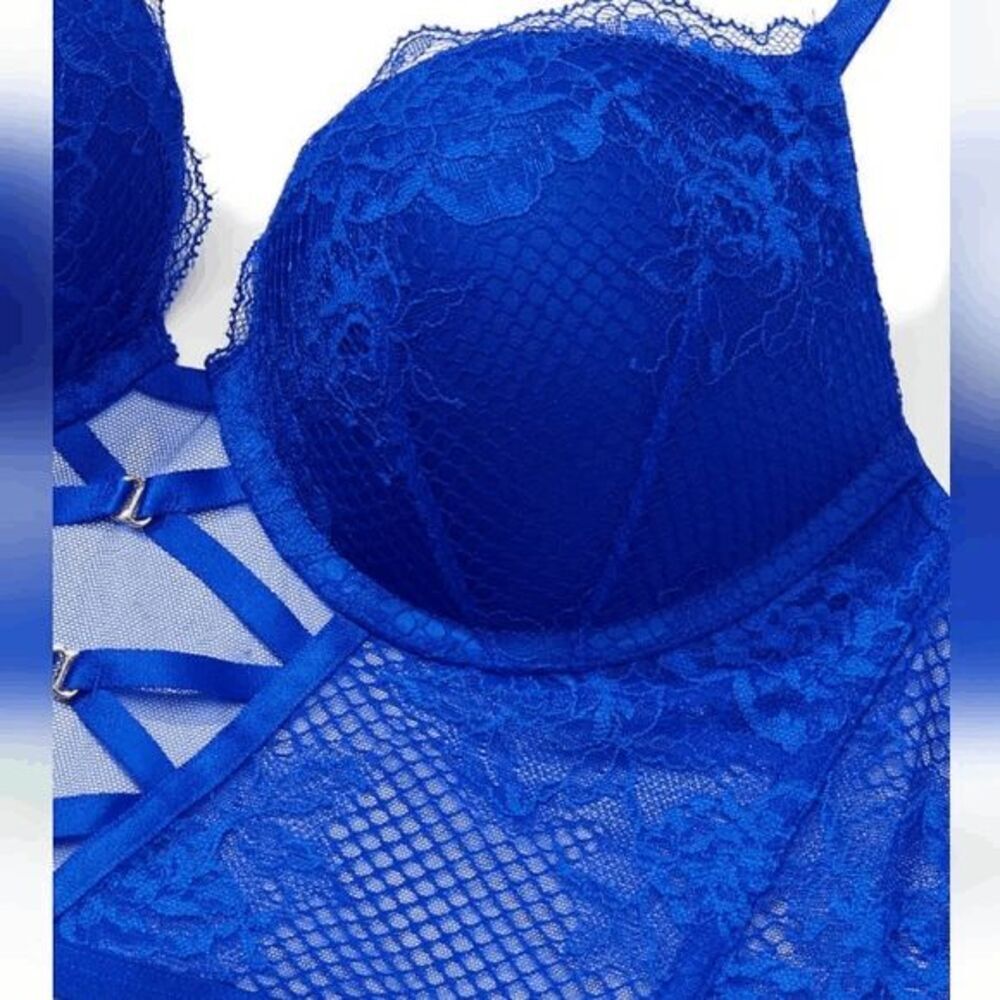 Victorias Secret Royal Blue Lace Corset Bombshell Plunge Push Up Bra 34D - Picture 14 of 14